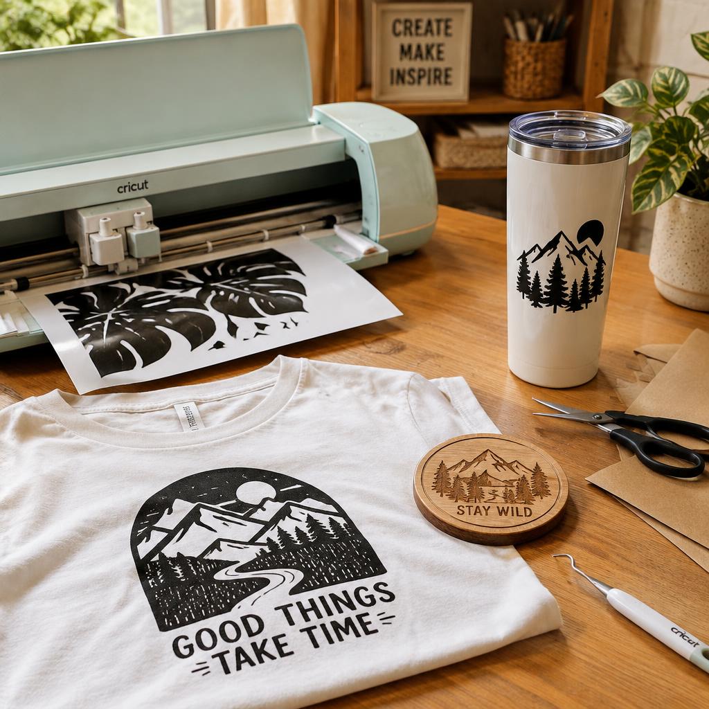 Craft table with a vinyl cutter, printed t-shirt, decal tumbler and engraved coaster